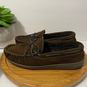 Minnetonka Brown Suede Moccasin Slipper Men’s 8 Faux Fur Cozy Slip On Cabin Core